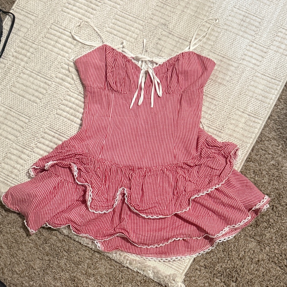 Red Gingham Ruffle Dress with Lace Trim